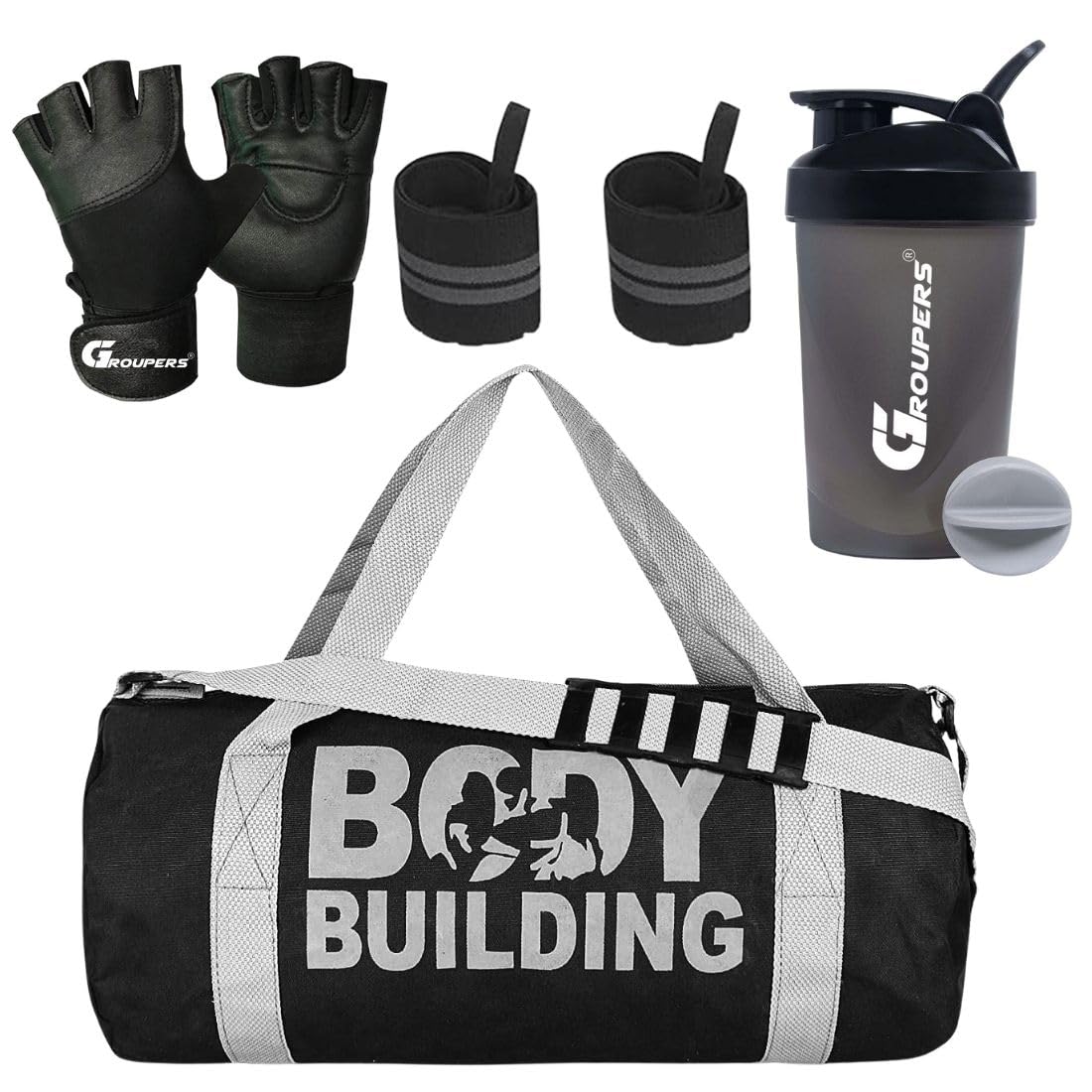GROUPERS Duffle Canvas Bag with Shaker Bottle-400ml, Wrist Band & Glovesl (Black)-picture-11
