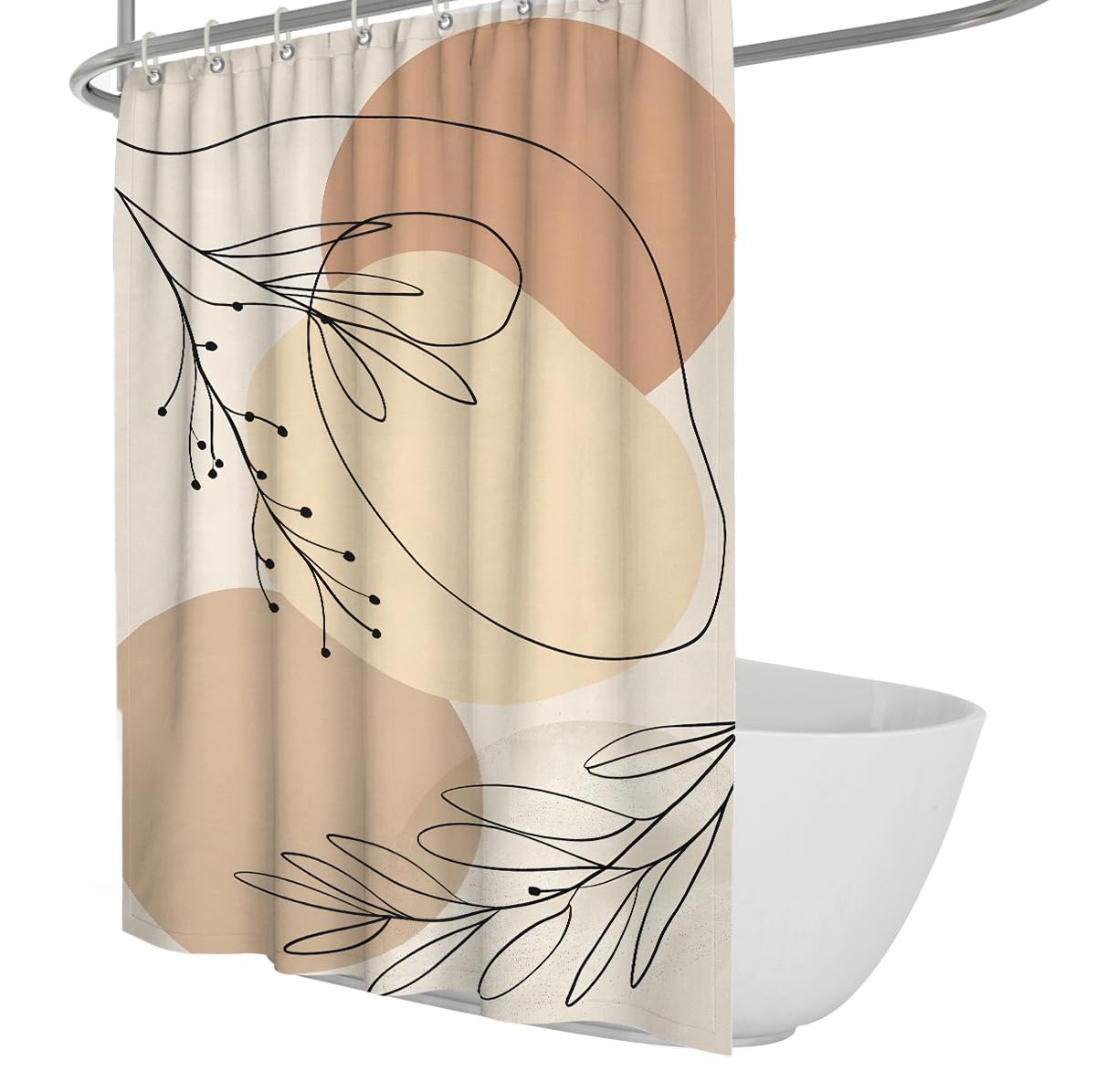 UIRINGART Beige Boho Botanical Leaf Line Shower Curtains W200xL240cm Abstract Geometric Anti Mould Waterproof Bathroom Shower Screen Bath Decoration With Hook