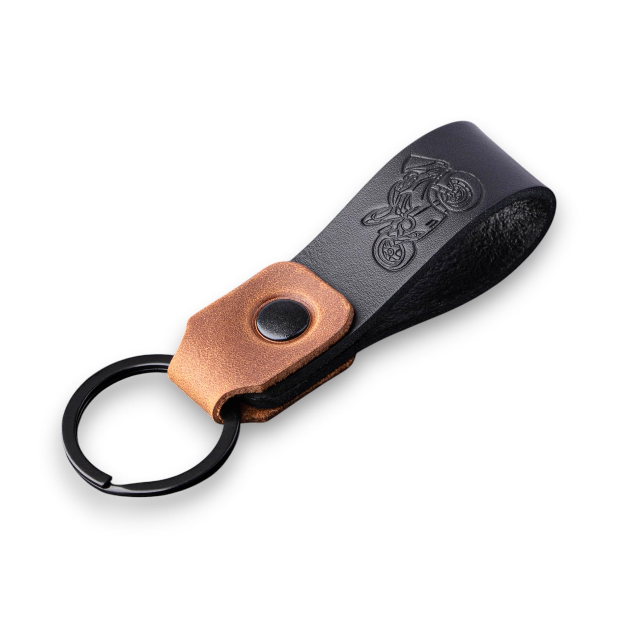 MAGOR Compact Leather Keyring for Men & Women, Personalised Black Full Grain Leather Keychain with Crazy Horse Leather Accent, Hot Embossed Design, Elegant Gift for Him Her Mum Dad (Motorbike)
