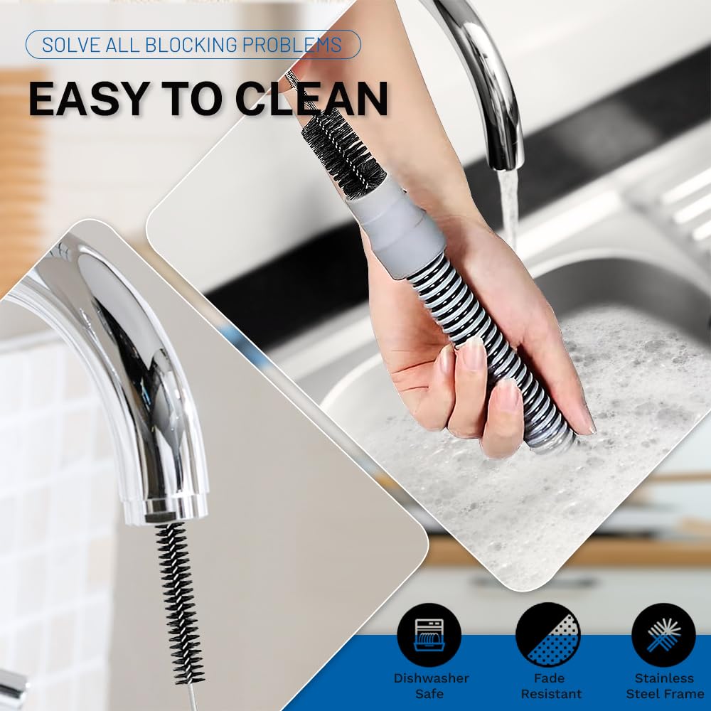 5 PCS Drain Unblocker Tools, Hair Clog Remover Sink Snake Drain 25.2 in, Double Ended Nylon Pipe Cleaner Brush 61 in - Image 4