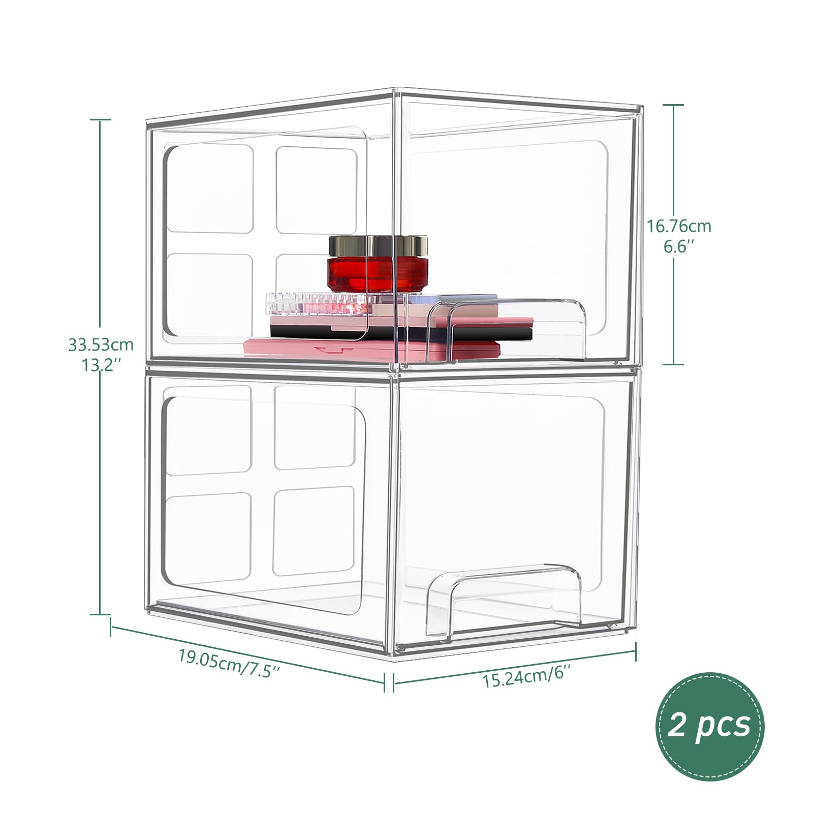 Greentainer 2 Pack Stackable Makeup Organizer Storage Drawers - Image 2