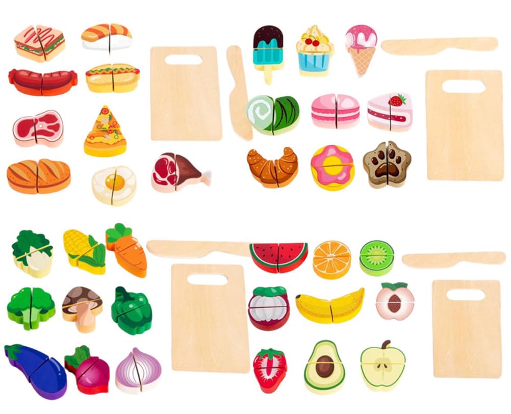 Set de Comida de Juego Simulado de Madera Montessori, Frutas, Verduras y Postres Magnéticos para Cortar