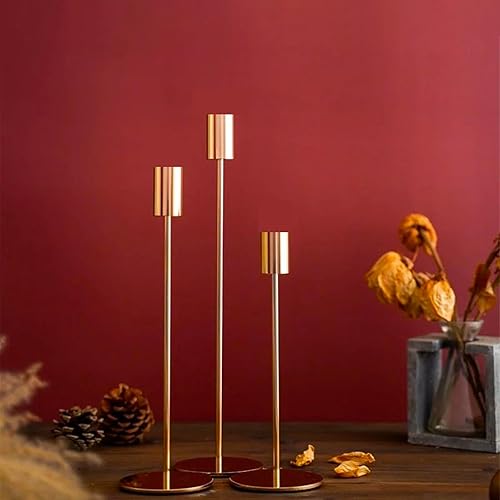 Miniatura 7 de Juego de 3 portavelas cónicos dorados, portavelas de metal dorado, portavelas alto, se adapta a velas LED y velas LED de 34 pulgadas de grosor, para