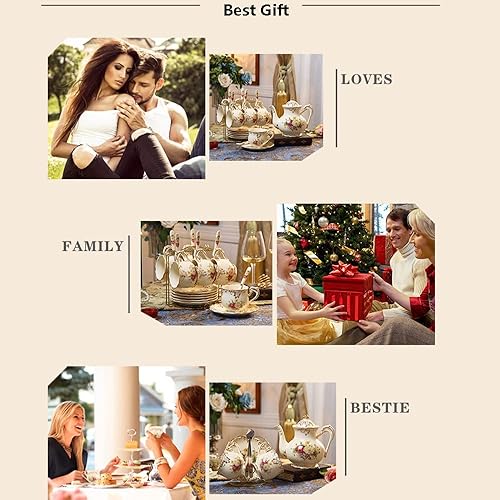 Miniatura 8 de Tazas de té y platillos (rosa, 8 onzas), juego de taza y platillo floral con cuchara, tazas de té vintage, juego de té de porcelana, juegos de té