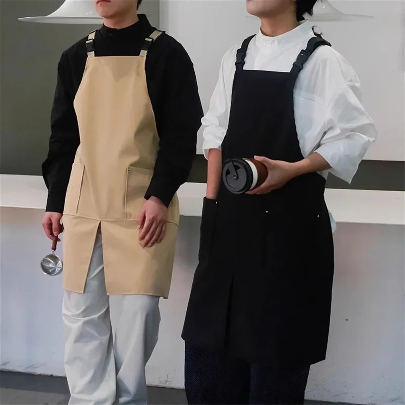 Delantal de Cerámica con Perneras Delantal de camarero impermeable con bolsillos for cocina, catering, cafetería, abertura frontal, for hombre y mujer, ropa trabajo antisuciedad for salón