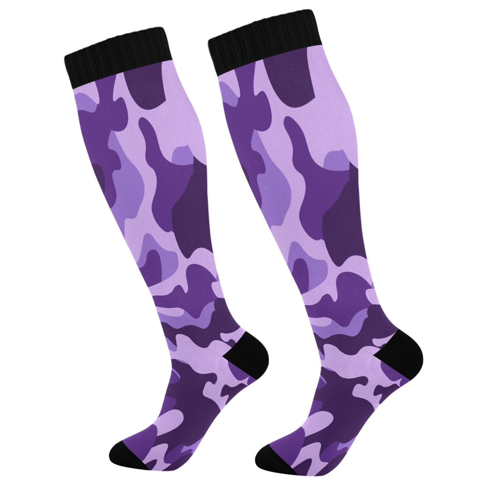 Ksajwzf Compression Socks for Men and Women Purple Camo Knee High Socks Support Military Camouflage for Athletic Sport Running Hiking Fitness