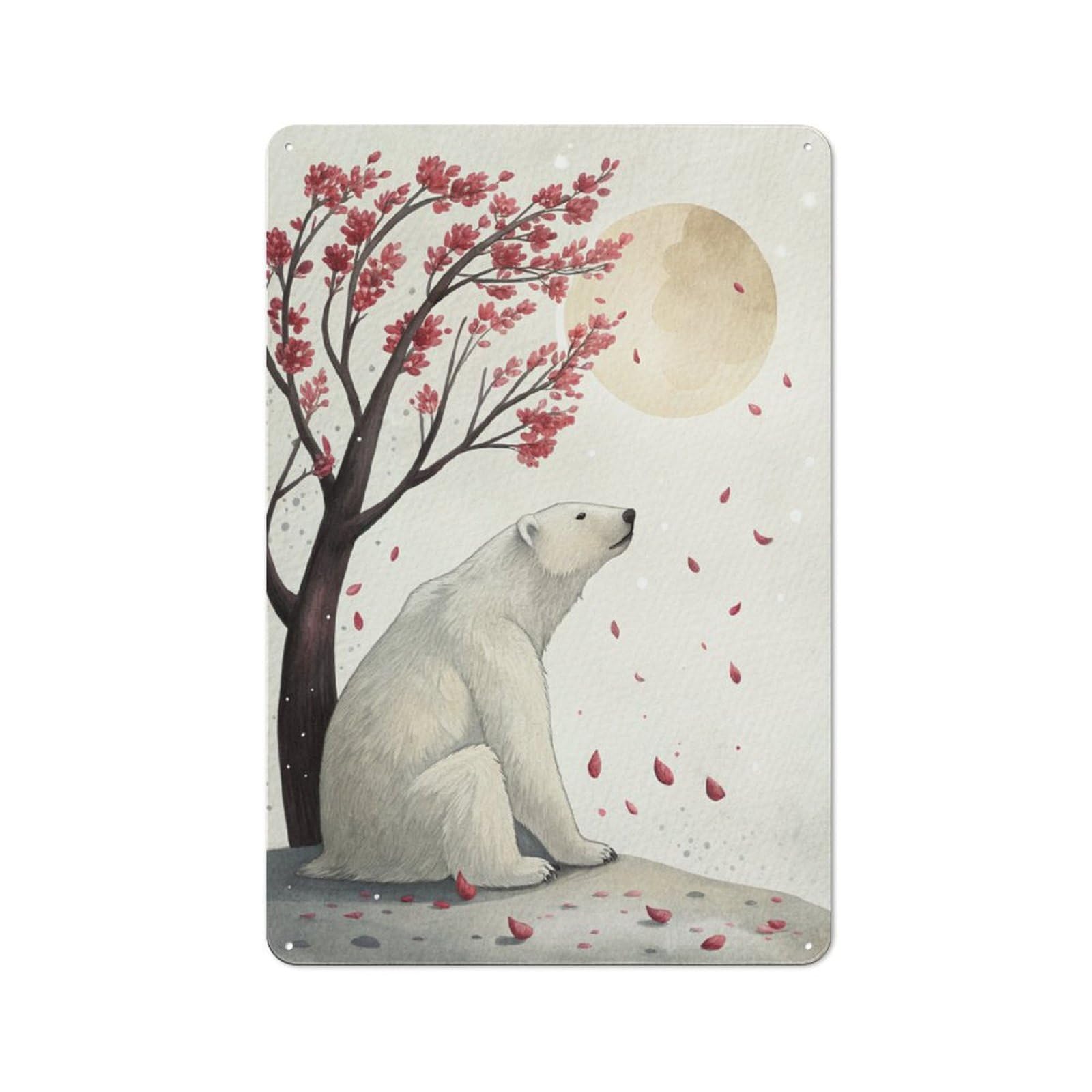 Junmoney Style-23 Polar Bear Under Cherry Blossoms Classic Metal Wall Decor 30X20cm, Metal Wall Plaque For Hobby Room, Office, Lounge Or Living Room