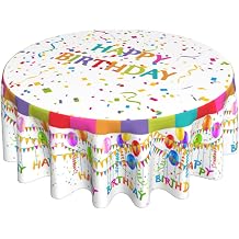 Happy Birthday Round Tablecloths Colorful Flags Balloons Coloured Ribbon Decorative Tablecloth 60 Inch Washable Wrinkle Resistant Table Cover for Home Kitchen Dining Room Birthday Party
