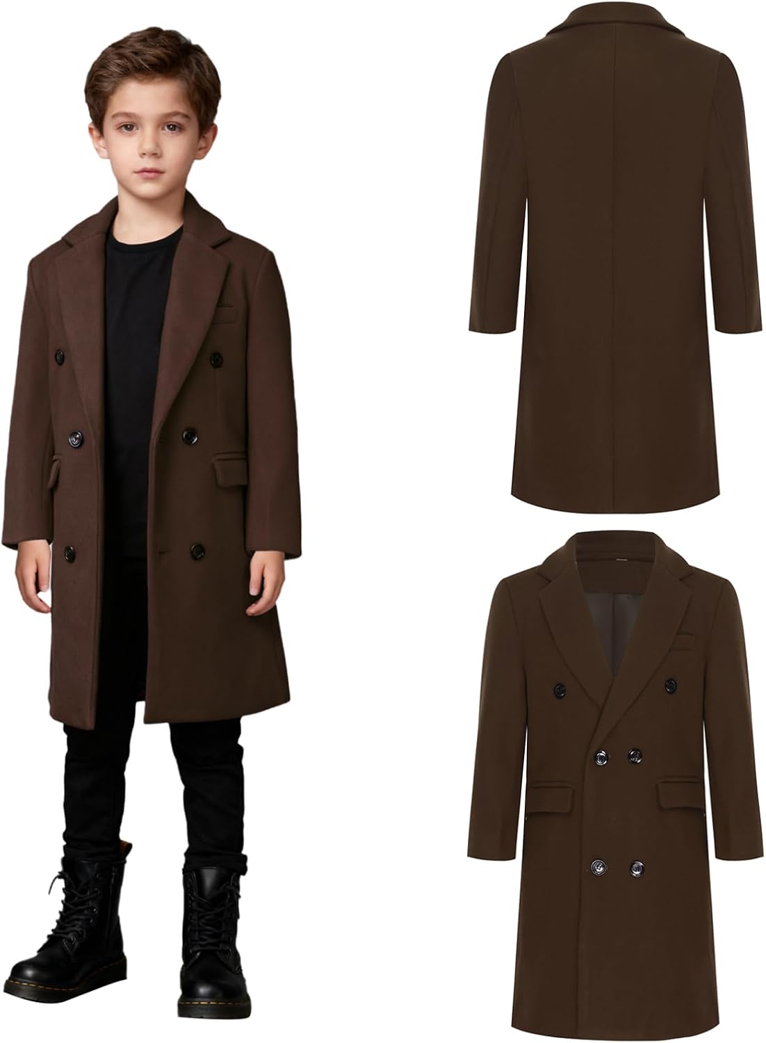 YiZYiF Boys Double Breasted Peacoat Notched Lapel Collar Wool Blend Long Dress Coat with Pockets