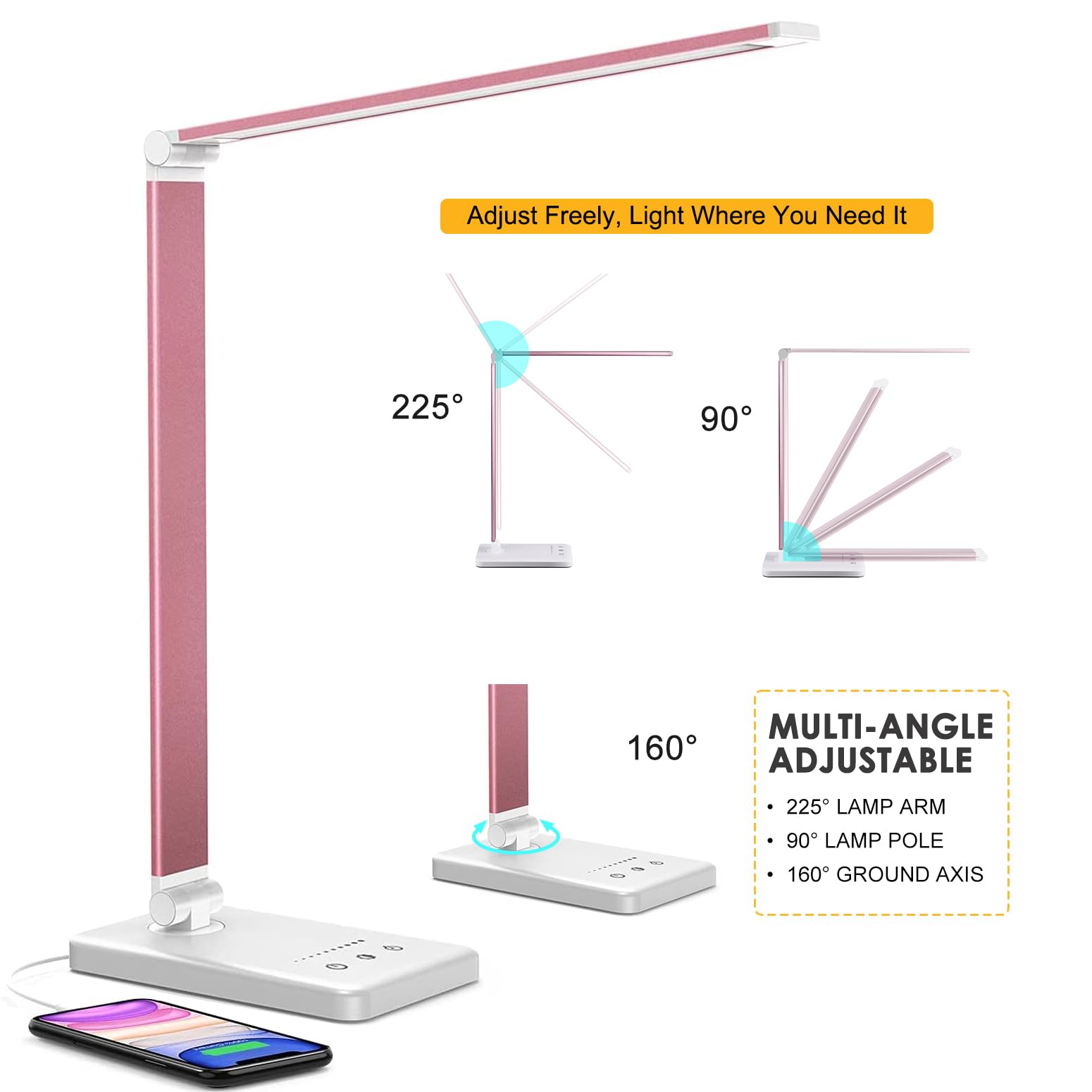 LED-Schreibtischlampe, Schreibtischlampe mit USB-Ladeanschluss, 5 Farbmodi, 10 Helligkeiten, natürliches Licht, augenschonende Leselampe, Schreibtischlicht für Heimbüro, Auto-Timer, Rosa