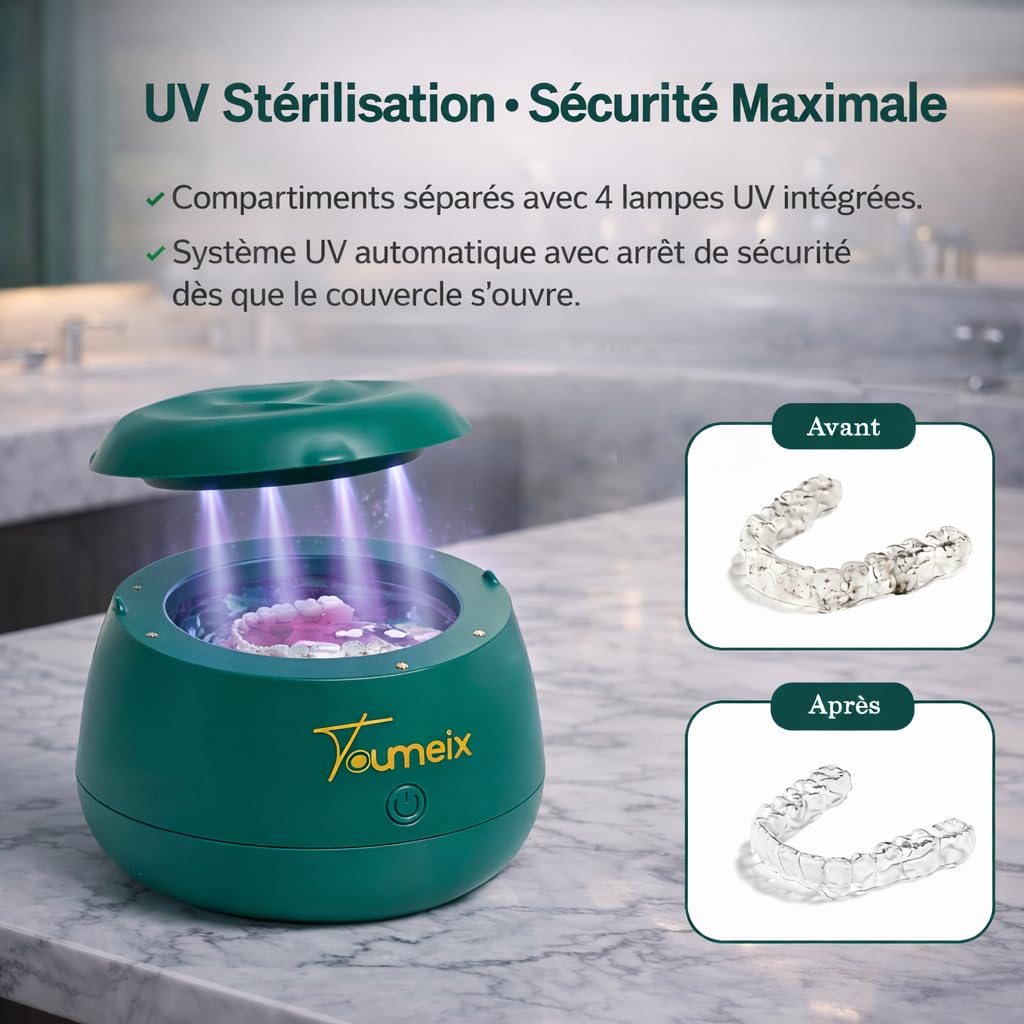 Nettoyeur Ultrasonique UV Premium – 48kHz Haute Fréquence, 200mL Inox SUS304, Étanchéité IPX7, Nettoyage Prothèses Dentaires, Reteneurs, Goutières,... Ultra Silencieux <43dB, Stérilisation.