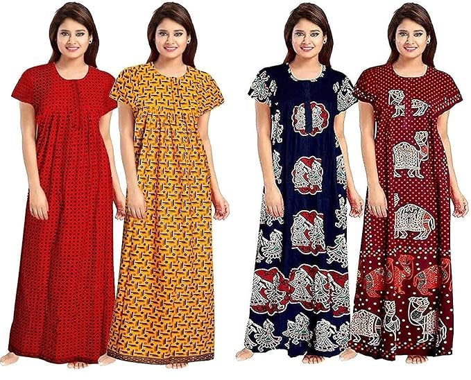 Image of Nighty for Women Cotton Printed Maxi Gown Ankle Length Nighty Night Dress Gown for Women Maxi - Free Size (Pack of 4)
