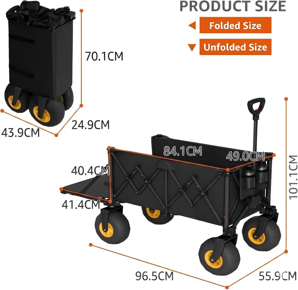 ROSONG Chariot de Plage Pliable avec Grosses Roues Chariot de Transport Tout-Terrain avec Hayon pour Objets Longs Remorque Jardin et Plage Camping Jardin, Noir
