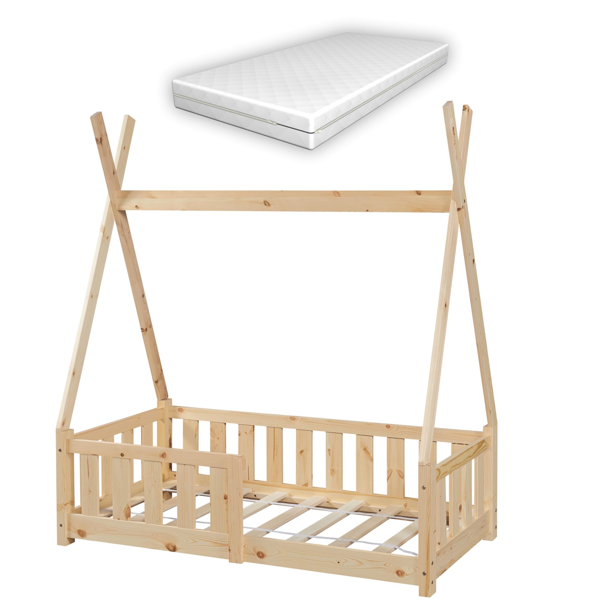[en.casa] Letto per Cameretta a Forma di Capanna con Sponde Anticaduta e Materasso 70x140 cm Lettino Tipi per Bimbi Design Montessori Legno di Pino - Naturale