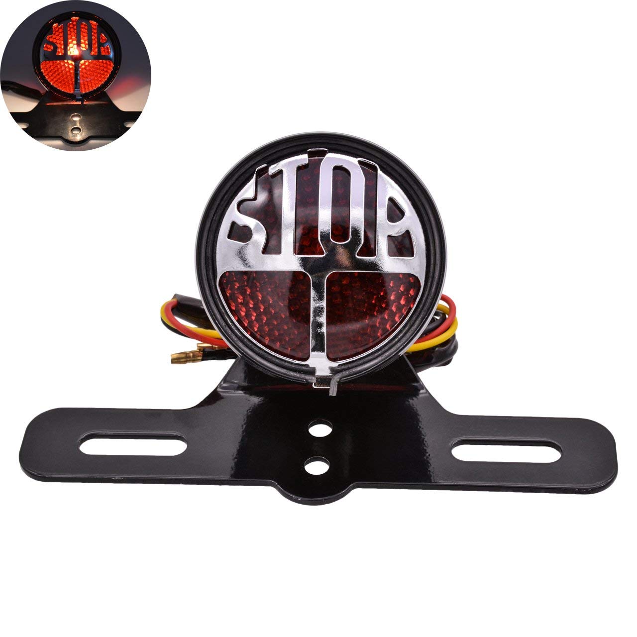 KaTur Supporto per targa in stile vintage con luce rotonda posteriore con scritta Stop fanale del freno per H arley B obber C hopper H onda Y amaha S uzuki K awasaki