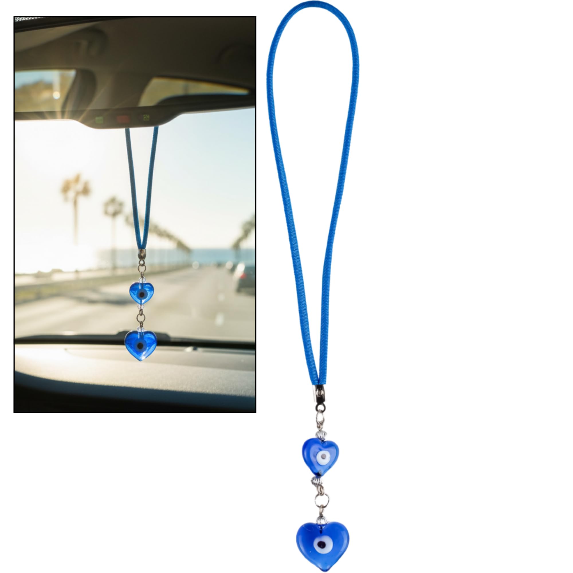 BCS Blue Evil Eye Charm Small Car Hanging Ornament Rearview Mirror Accessories Glass Nazar Beads Good Luck & Protection Amulet Turkish Greek Pendant Ojo Turco para Carro Decor for Home, Office, Door