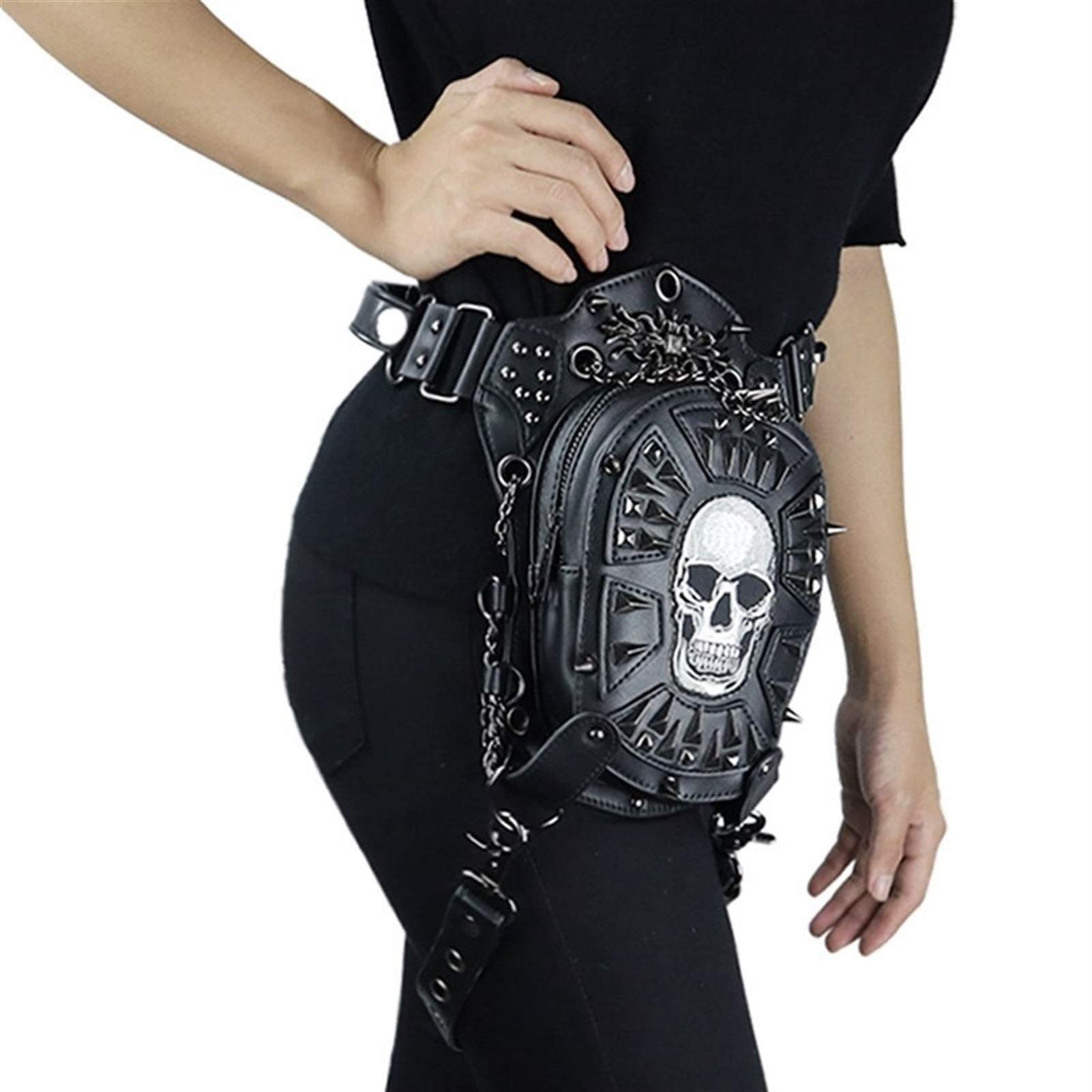 Pu-Leder Frauen Gürteltasche Nieten Schädel Crossbody Umhängetasche Motorrad Drop Bein Gürtel Taschen Punk Rock Nachricht Tasche Hüfttasche Männer Adjustable (Color : Black)