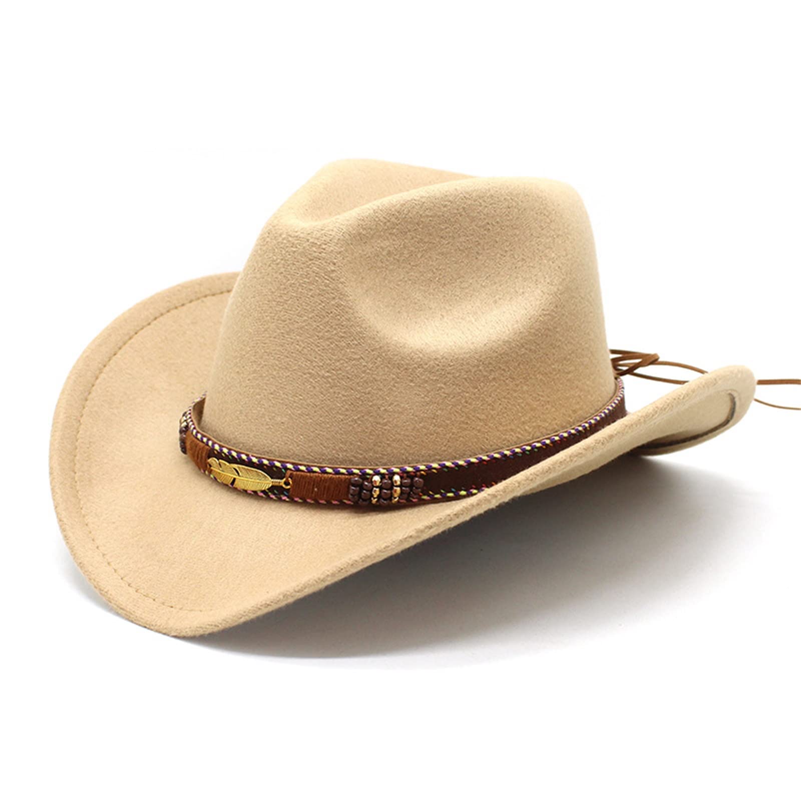 Adults Cowboy Hat - Felt Cowboy/Cowgirl Hat with Hatband Metal Feather - Fancy Dress Costume Accessory (Camel, One Size)