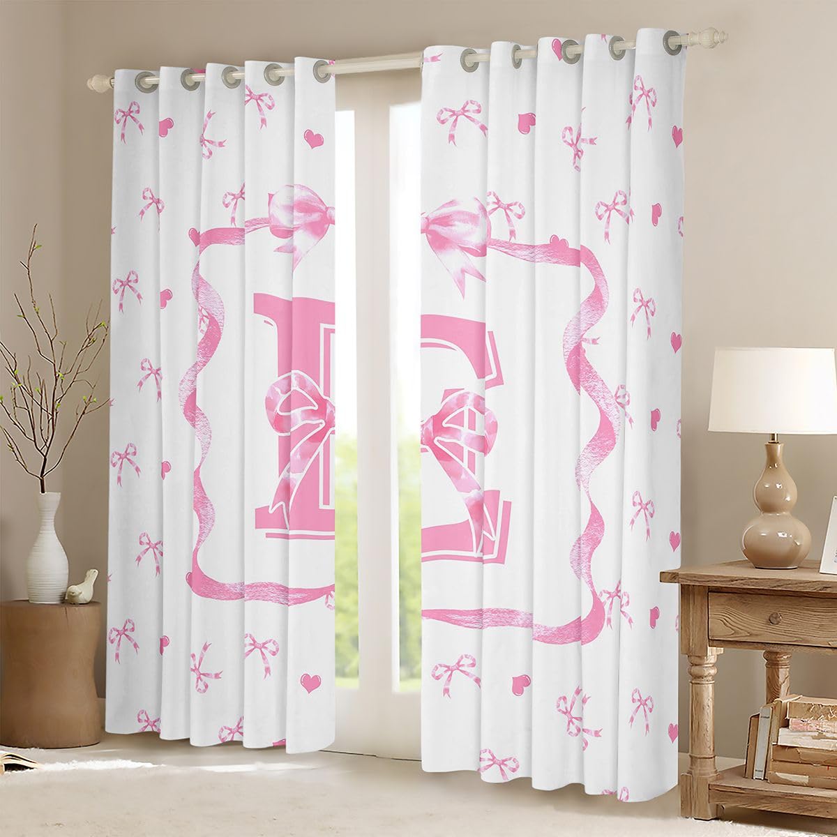 Homewish Różowy inicjał E kokarda zasłony okienne 117 x 137 cm, 2 zestawy paneli - spersonalizowane różowe kokardki zasłony zaciemniające urocza kawaii muszka zasłony okienne kokardka do