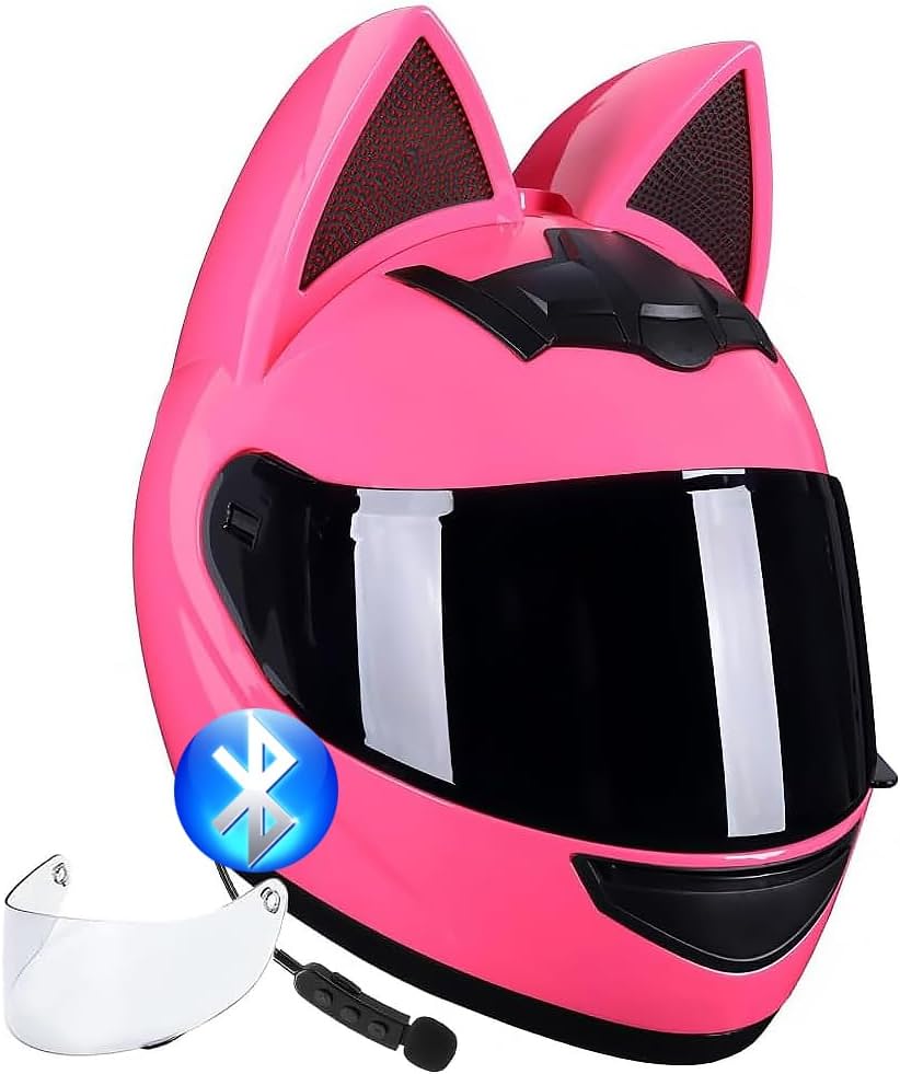 Personalized Cat Ear Bluetooth Motorcycle Helmet, DOT FMVSS-218 Certification Full Face Motorbike Helmet, Cool Cute Cat Helmets with Clear Visor, for Men and Women ( Color : O , Size : L(59~60cm) )