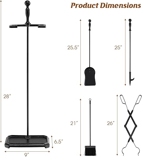 Vista 28 de Tangkula Juego de chimenea de 5 piezas, rústico, resistente, compacto, de hierro forjado, juego de herramientas con pedestal, herramienta de hogar