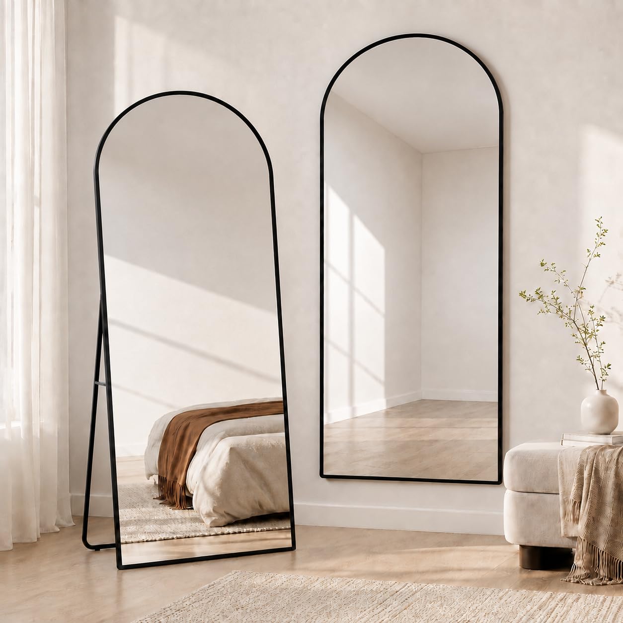 Espejo de Pie Cuerpo Entero180x80cm,Espejo de Suelo Arqueado Espejos Vestidor de Pared Full Length Mirror Espejo con Soporte Hanging Standing or Leaning Aluminum Alloy Frame Salón (Negro, 180x80cm)