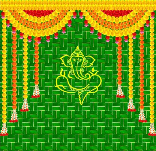 Image of Ganesha Backdrop Decoration Cloth | Green Coconut Leaf Background Cloth with Yellow Ganesha Line Art and Top Flower Garlands | laxmi Backdrop for Pooja 5x5 feet