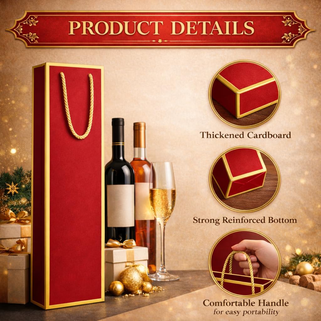 excvalues 50 Pack Wine Gift Bag for Bottles with Handles, 4.3 x 3.7 x 14 inch Heavy Duty Paper Wine Bag Bottle Bags for Gifts Travel & Retail Shipping Elegant Wine Bags Bulk (Red)