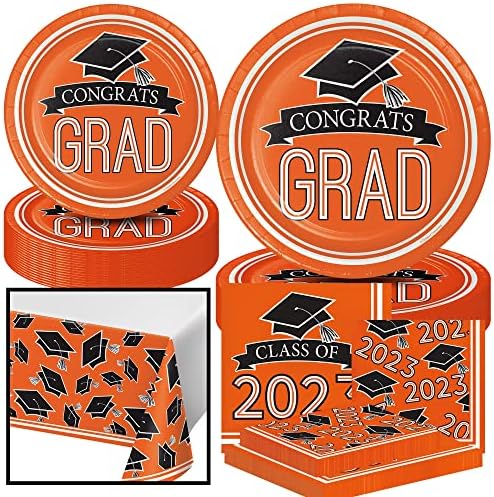 Creative Converting Orange Congrats Grad Class of 2023 Dinnerware Party Bundle - Bulk Supply Set Graduation 18 Dinner 18 Dessert Plates, 36 Luncheon 36 Beverage Napkins, Tablecloth - Paper Disposable