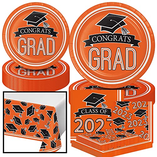 Creative Converting Orange Congrats Grad Class Of 2023 Dinnerware Party Bundle - Bulk Supply Set Graduation 18 Dinner 18 Dessert Plates, 36 Luncheon 36 Beverage Napkins, Tablecloth - Paper Disposable #TOP1
