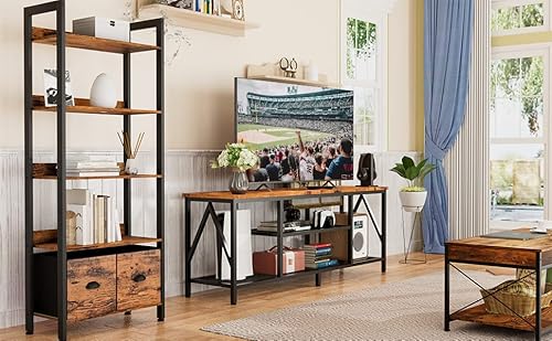 Furologee Tv Stand For 65 70 Inch Tv, Industrial Entertainment Center, Long 63'' Tv Console Table With Open Storage Shelves For Living Room, Bedroom, Wood & Metal Media Stand, Rustic Brown #TOP7