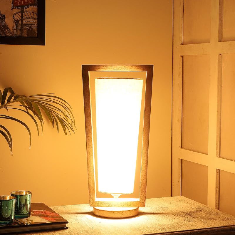 Image of tu casa Wooden Table Lamp Mango Wood Fabric Shade Bedroom 40cm
