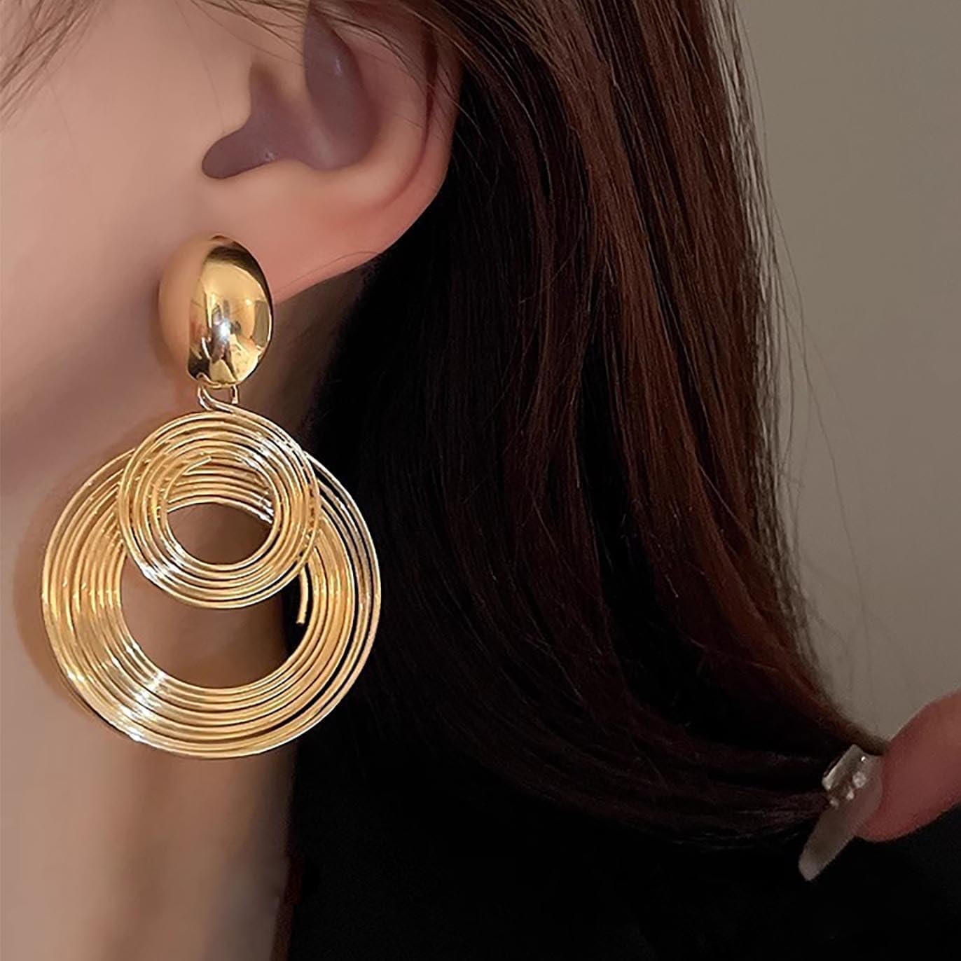 Vintage Layered Circle Dangle Earrings Multi Circle Earrings Gold Circle Hoop Earrings Swirl Disco Earrings Round Hoop Drop Earrings Jewelry for Women - Image 5