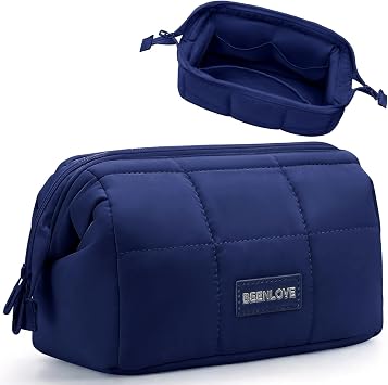 Cosmetic Bag - Make Up Bag for Women Fluffy Makeup Bag Wide Opening Bag Makeup Bag Travel Cosmetic Bags with Metal Zip Make Up Bag for Travel Dark Blue