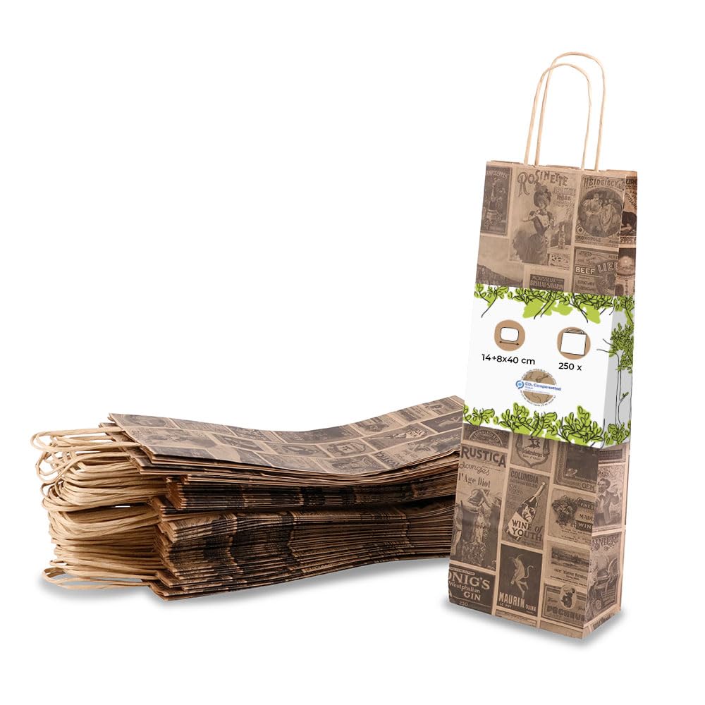 250 Sacchetti Porta Bottiglie In Carta Kraft Bordeaux - Con Manici Ritorti, 14x8x40 Cm, Per Vino, Regali E Eventi