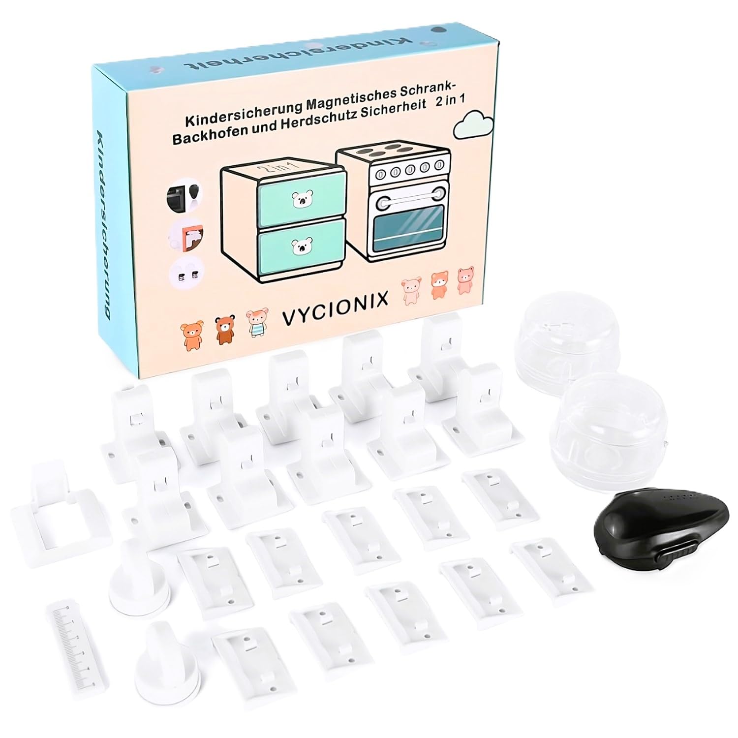 Child lock set: magnetic drawer lock (10 + 2). Oven safety (1) and stove button protection (2) invisible safety solution without drilling: screws