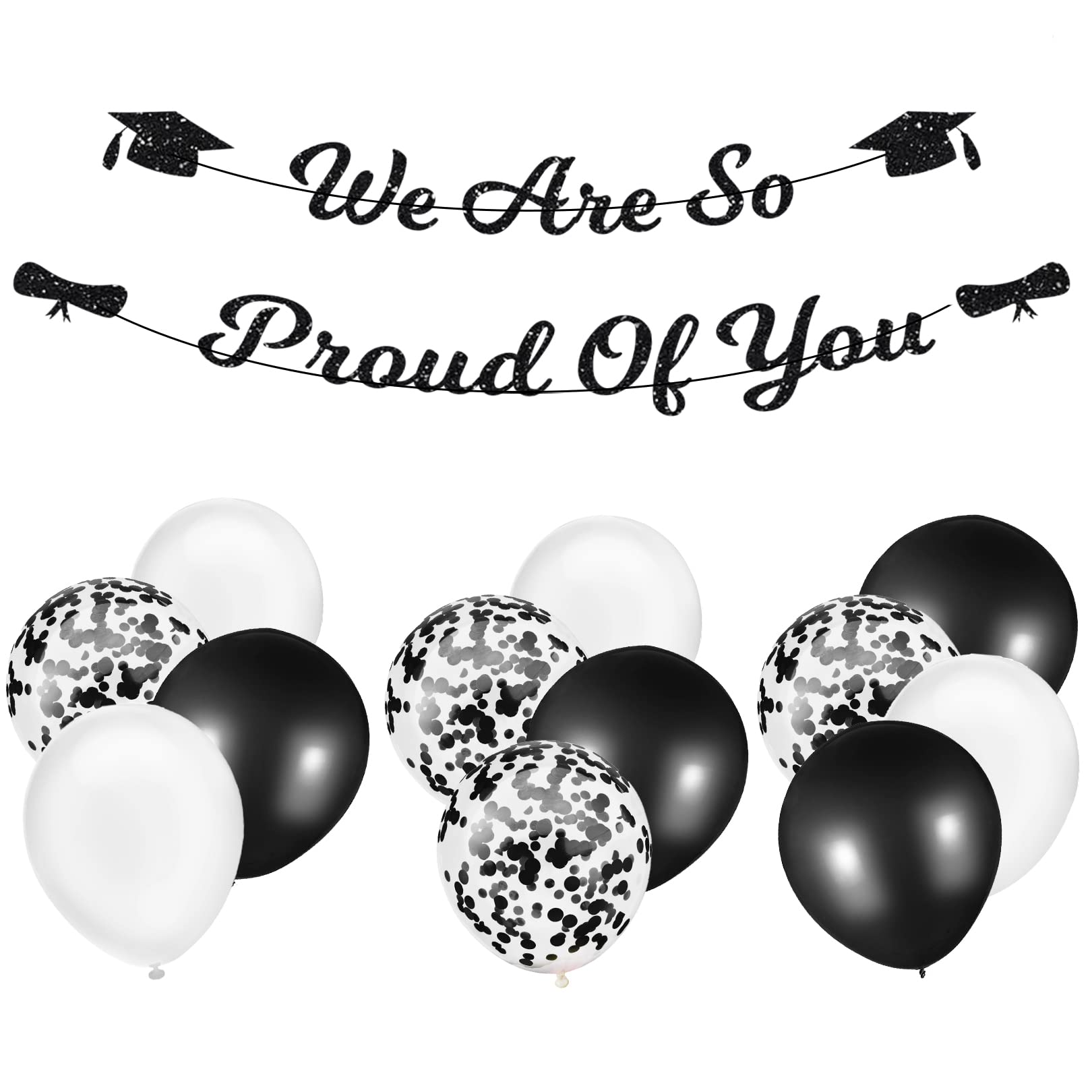 Graduation Decorations 2023-12 Pcs Graduation Balloons,We Are so Proud of You Graduation Banner,White Black Confetti Latex Balloons for School Graduation Party Decorations Supplies Accessories