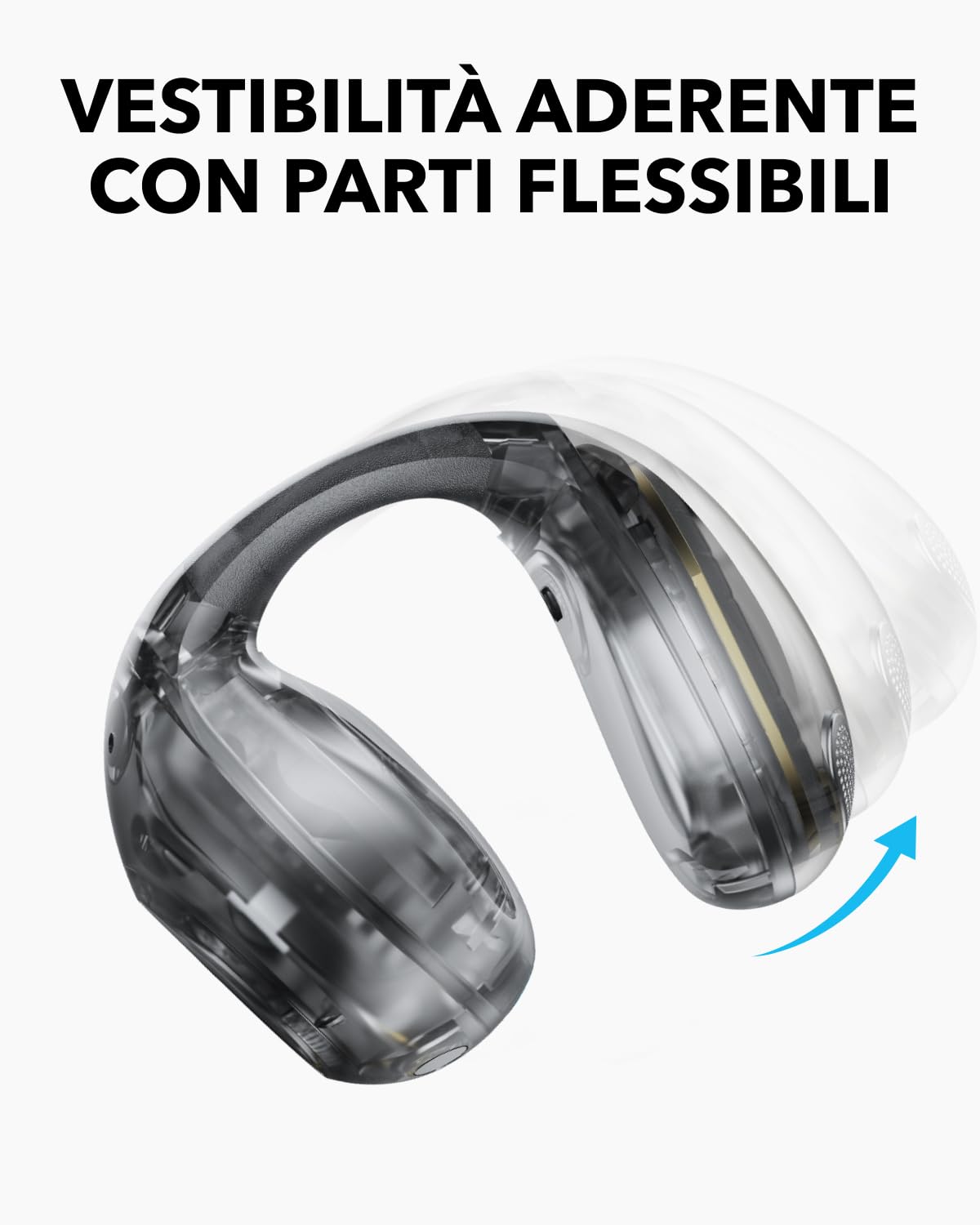 soundcore C40i di Anker, Auricolari open-ear, cuffie clip-on, design flessibile, controlli a pulsanti, comfort leggero, vestibilità stabile, supporti auricolari intercambiabili,driver con suono chiaro | Design flessibile, comandi a pulsante, comfort legge