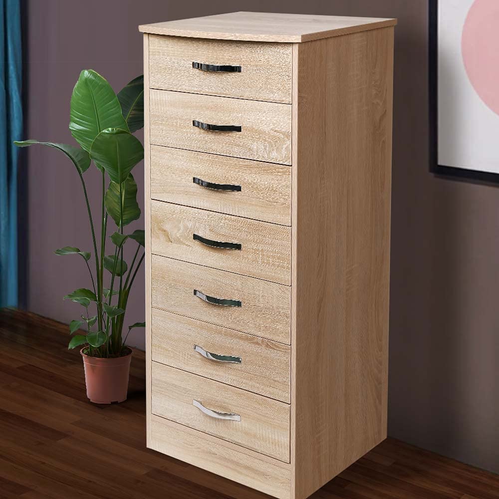 BAKAJI Mobile Cassettiera Mobiletto 7 Cassetti Settimino in Legno MDF Pomelli in Metallo Design Moderno Arredamento Casa Camera da Letto Dimensione 46 x 42 x 116 cm (Quercia)