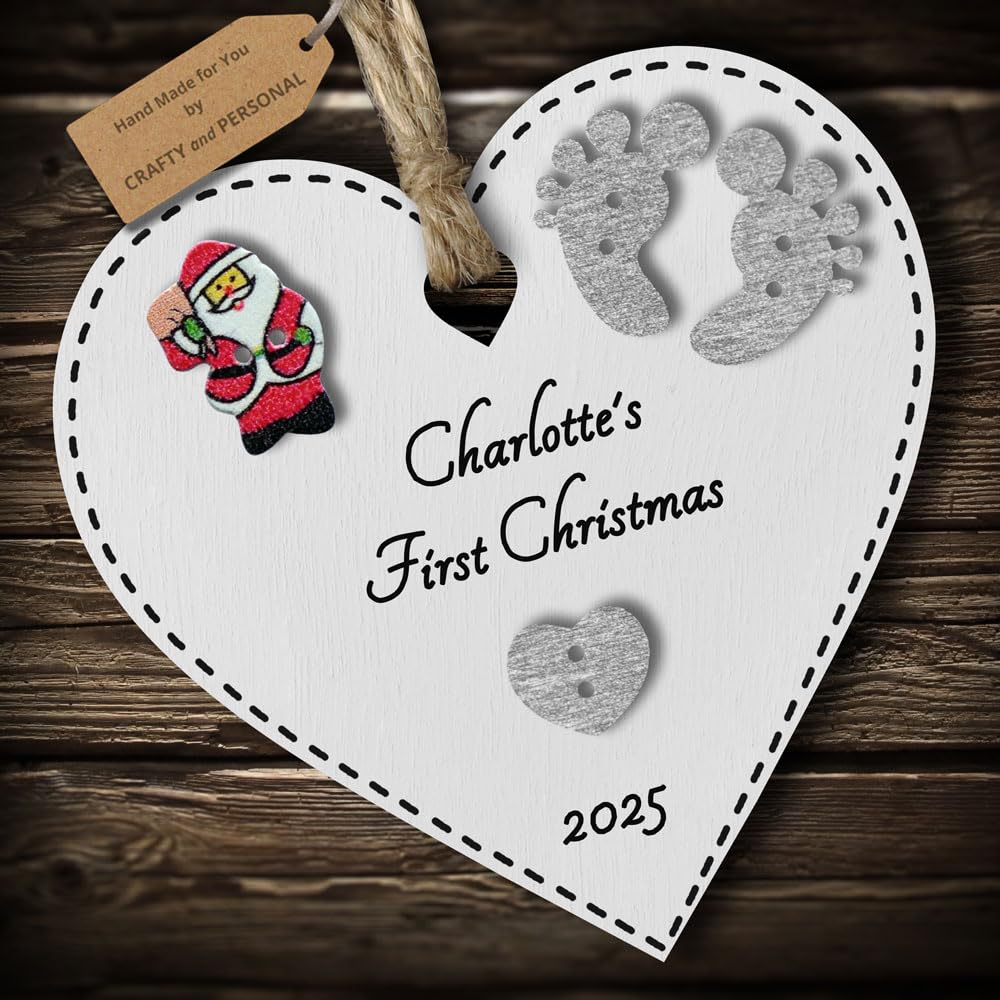 Multi-Colour Personalised Baby's First 1st Christmas Bauble tree decoration wooden heart hanging ornament keepsake gift for boy or girl (White #5)