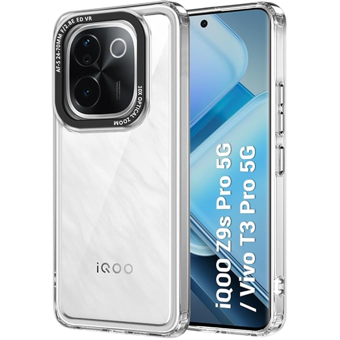 TheGiftKart Hybrid Shockproof Back Cover Case for iQOO Z9s Pro 5G / Vivo T3 Pro 5G | Stylish Camera Border | Electroplated Buttons | Crystal Clear Hard Back Case (TPU & PC, Transparent Bumper)