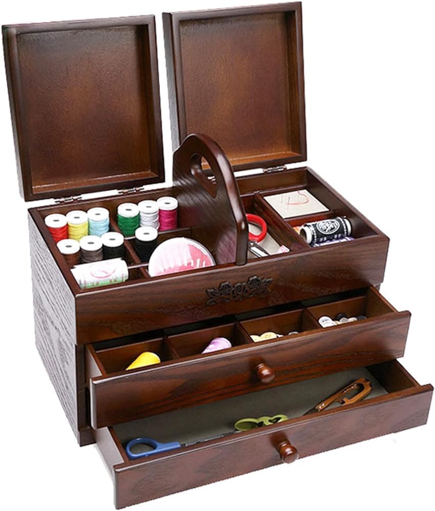 GQQDDD Wood Sewing Box, Large Sewing Baskets With 2 Drawers, Sewing Tools Organizer With Compartment, Easy Carrying, For Home And Embroidery