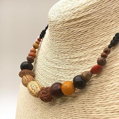 COLORFUL BLING Natural Chunky Wooden Beads Statement Necklace Boho African Tribal Collar Choker Bib Necklace Hippie Vacation Jewelry for Unisex Men Women-Bodhi Seed - Thumbnail 3