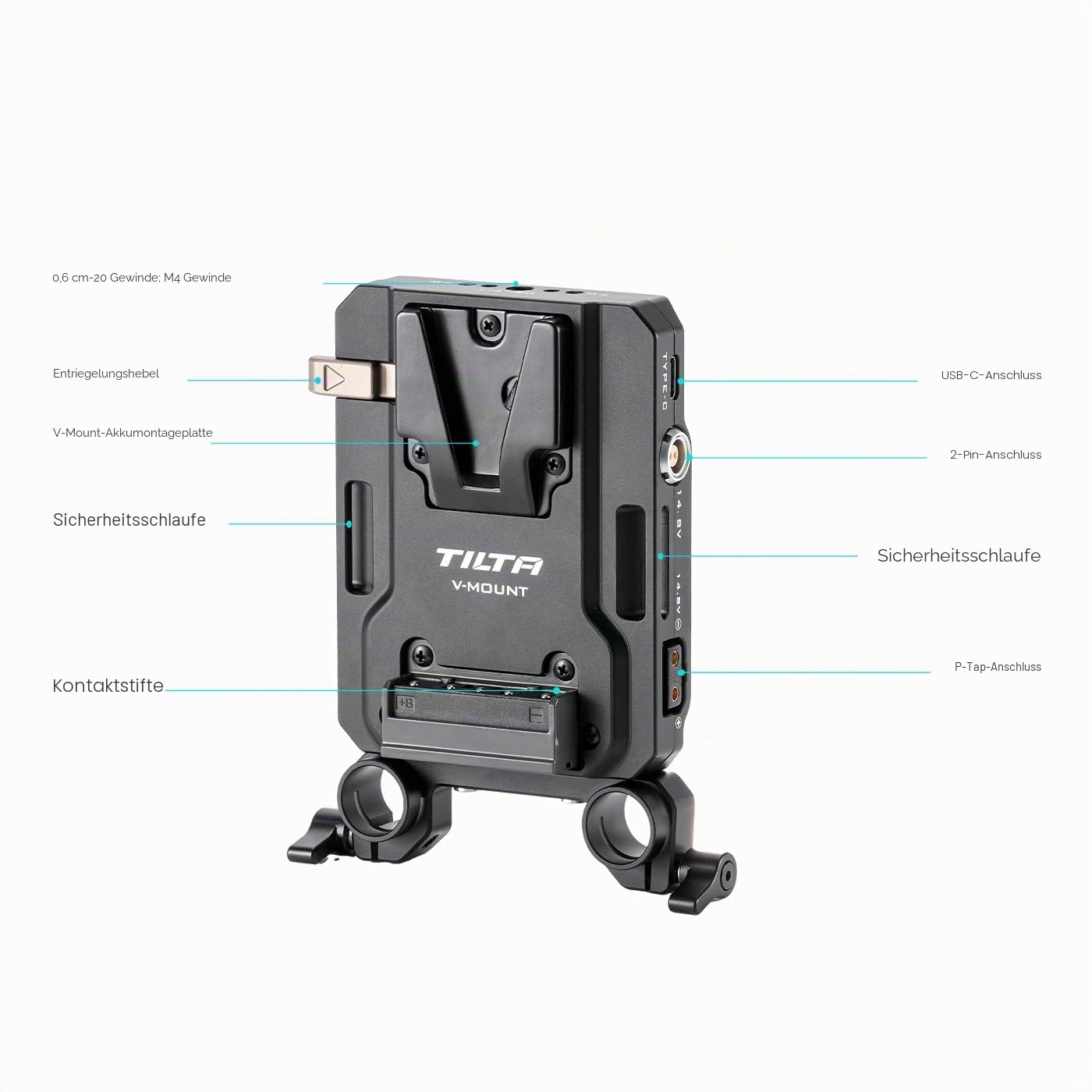 Tilta Mini PD V-Mount Akkuplatte mit 1/4"-20 Gewinde, USB-C / 2 Pin/P-Tap Anschluss - Schwarz TA-BTP4-V-B