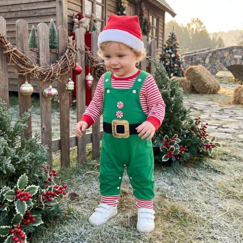 Image of Baby Boy Christmas Outfit Elf Newborn Romper Pants Set With Hat | Long Sleeve Bodysuit, Striped Romper Overalls Set, Baby Boy Elf Outfit, Fall Winter Clothes With Hat, My First Christmas.