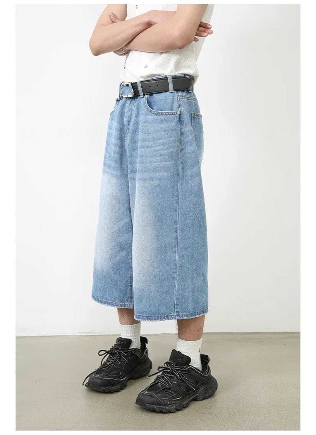 Damskie retro szerokie nogawki workowate denim Harajuku wysoka talia luźne spodenki punkowe, Niebieski retro, S