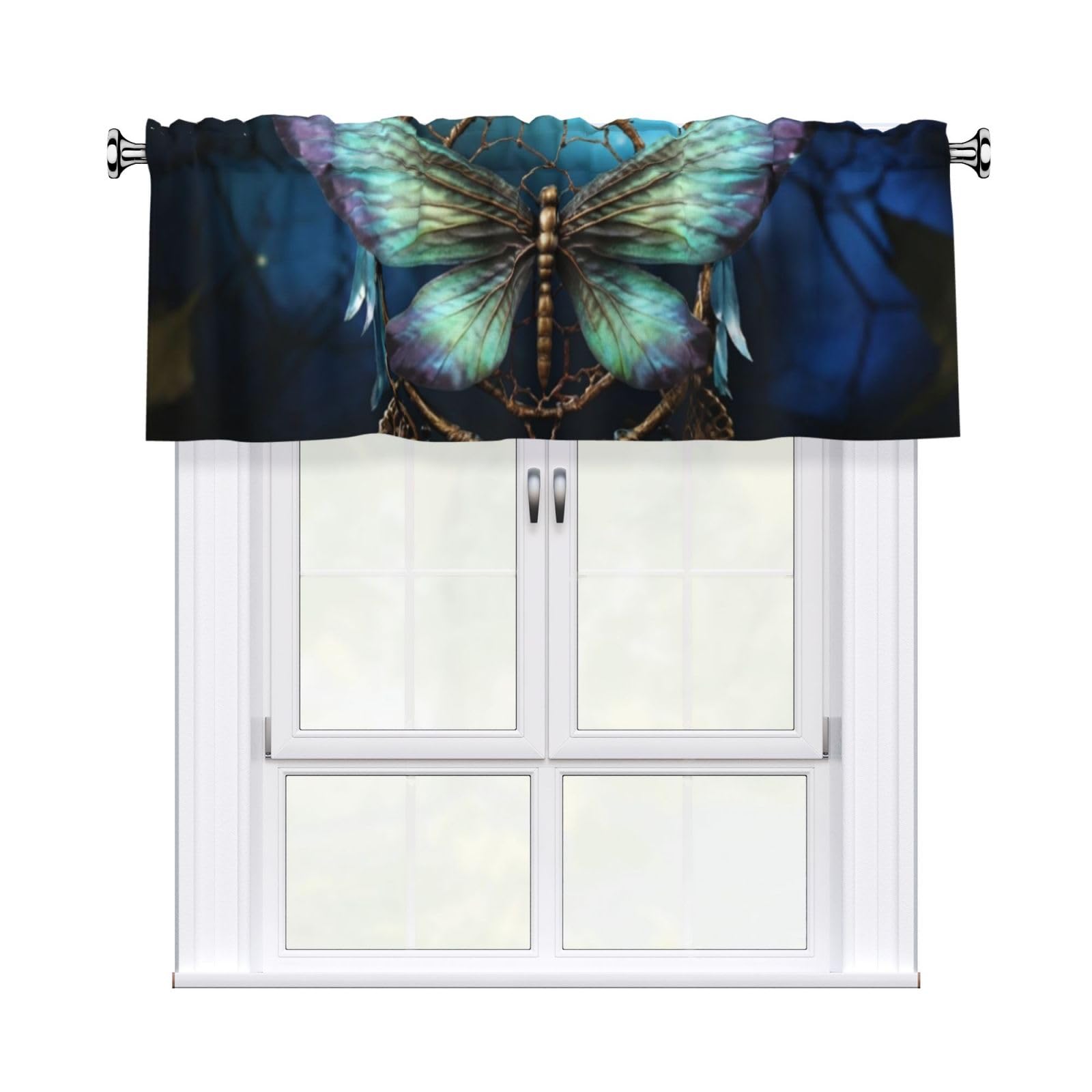 HJKJKKJ Window Valance 137x 46 CM Kitchen Curtains Dream Catcher Dragonfly Valances for Windows Vintage Short Window Curtains Farmhouse Rod Pocket Decorative Curtain Valance for Bedroom Bathroom