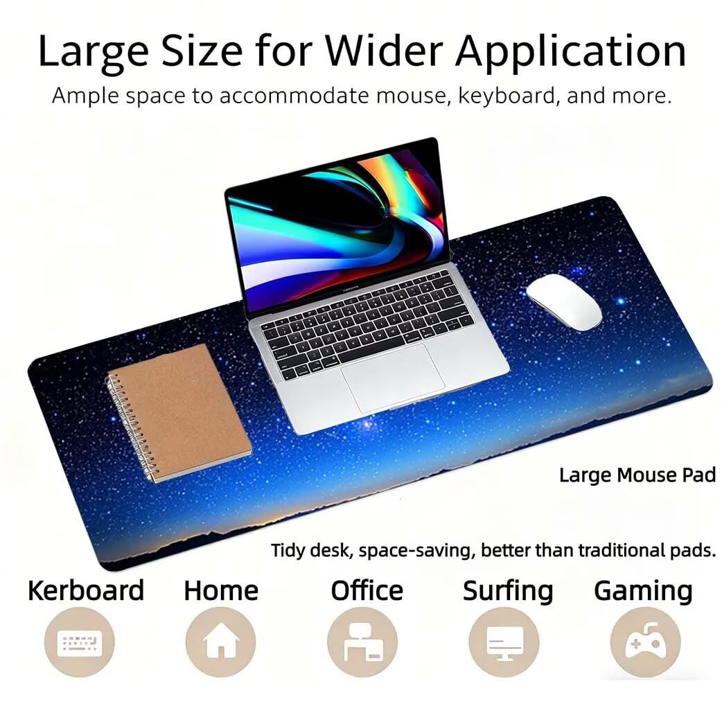 Lpfieonn Sternenhimmel Großes Schreibtischunterlage, XXL Schreibtischunterlagen, Blau XXL Wasserdicht Gaming Mousepad mit Vernähter Rand und Rutschfeste Gummibasis, für Hause/Büro 120x60cm PF-3859