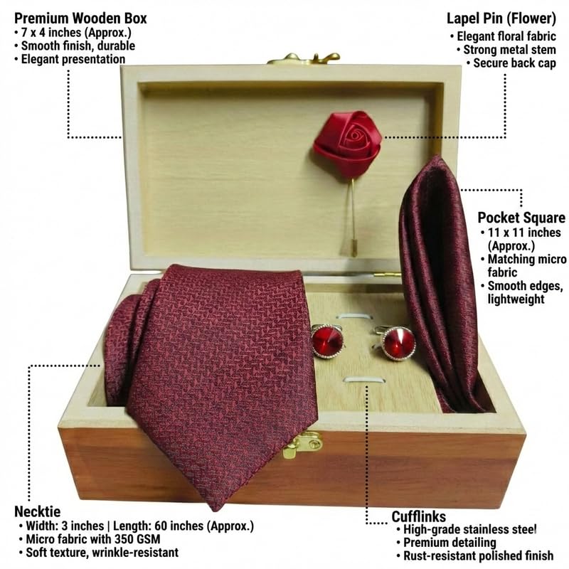 Image of Men's Necktie Gift Set with Wooden Box | Premium Tie, Pocket Square, Cufflinks & Lapel Pin | Elegant Formal Accessories Gift for Men