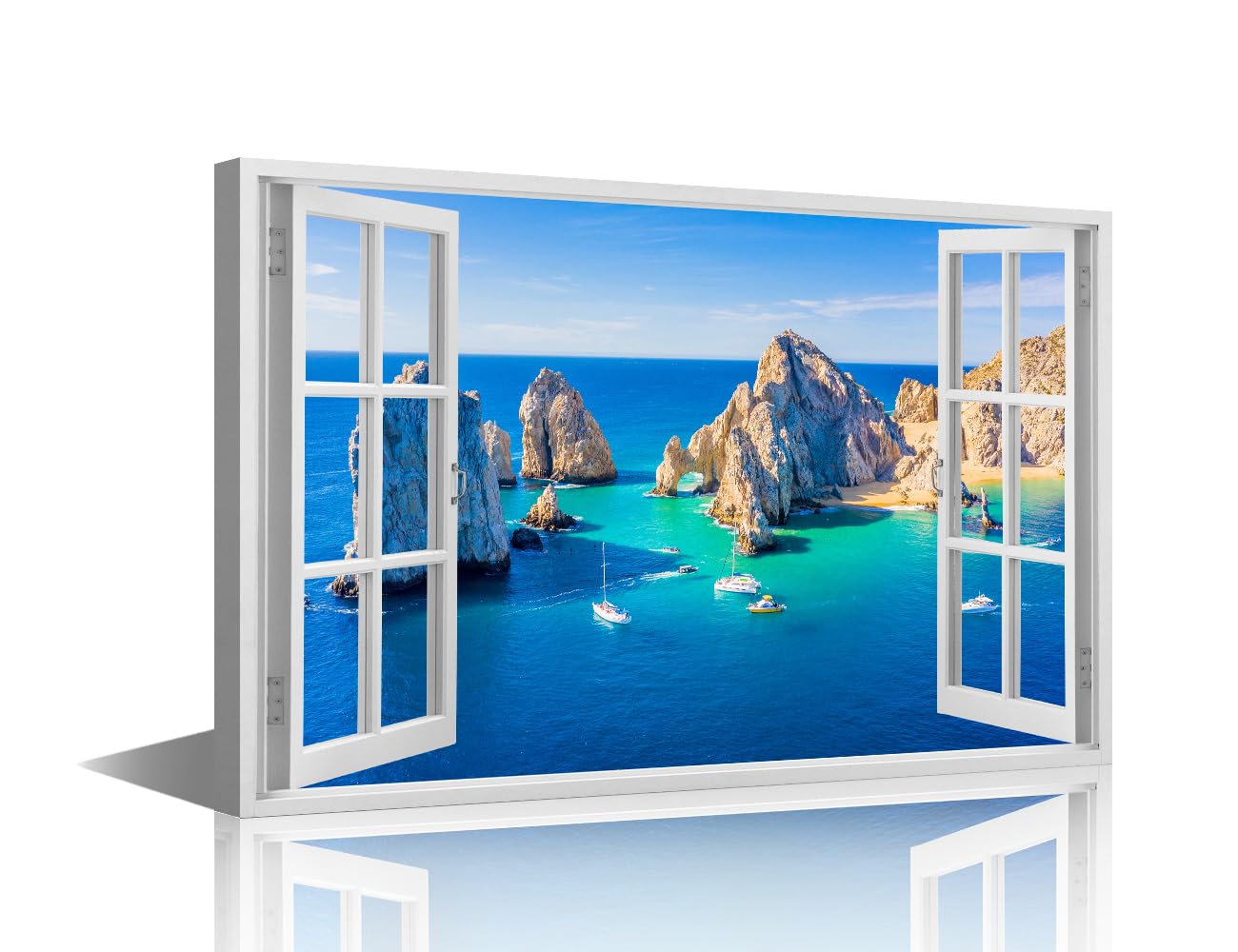 1 Panel Wall Art Seascape Painting Print On Canvas 3D Window View Pictures for Bedroom Home Decor Bay Modern Artwork Ocean Stretched By Wooden Framed Ready to Hang, 36x24in